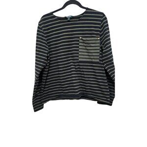 Lauren Ralph Lauren Women Black & Green Striped Long Sleeve Shirt W/ Pocket XL